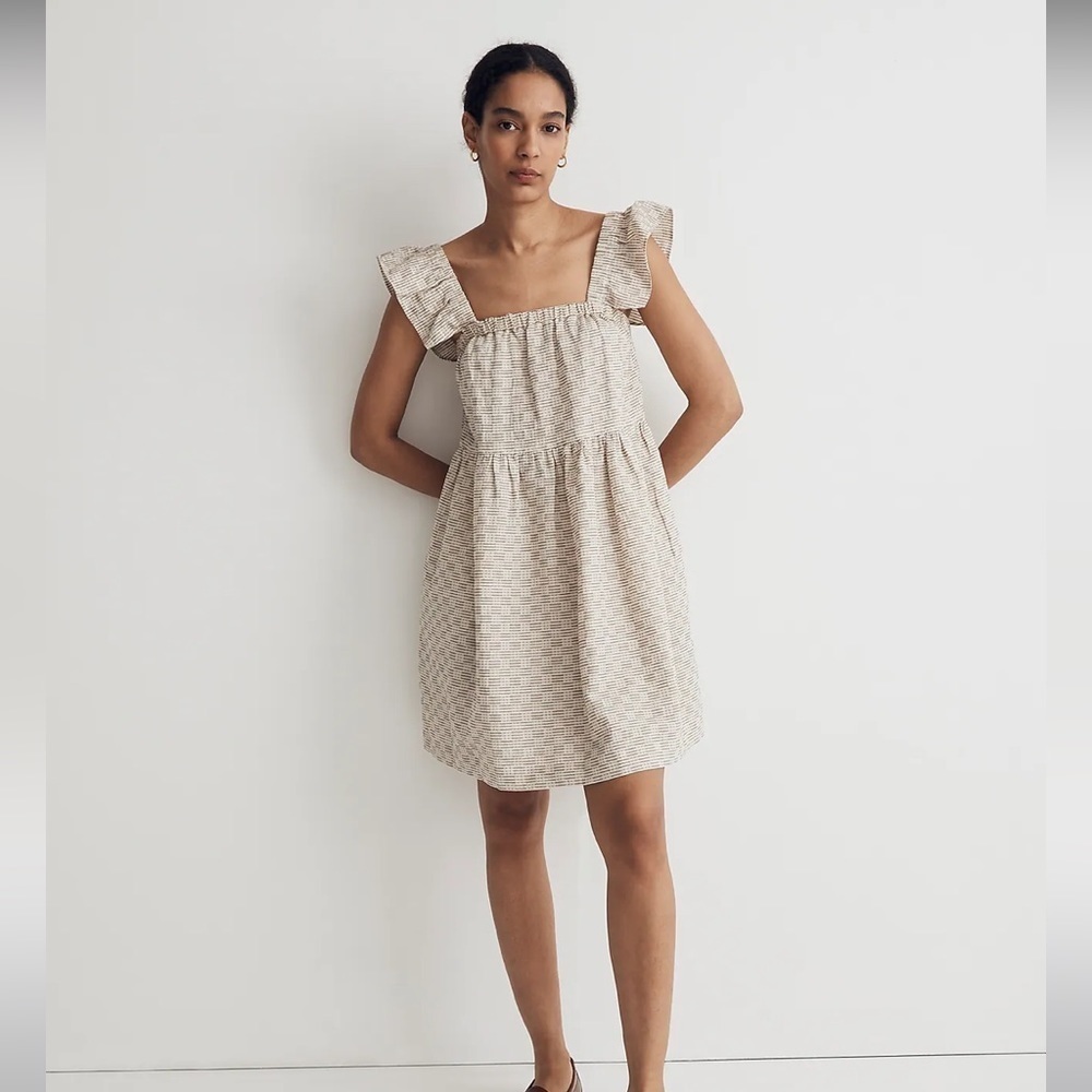 Madewell Flutter-Sleeve Square-Neck Mini Dress in Striped Jacquard